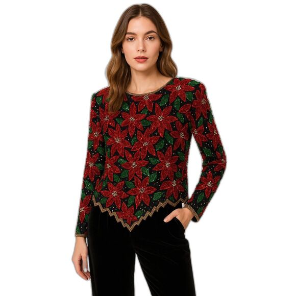 VINTAGE 80s LAWRENCE KAZAR POINTSETTIA BEADED SILK TOP SEQUIN HOLIDAY BLOUSE - Picture 1 of 8